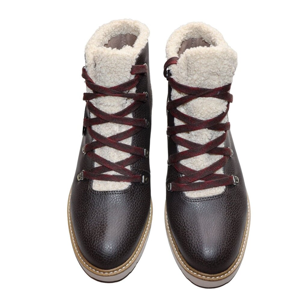 Dr. Scholls Boots Size 9.5 Brown Leather Lace-up Sherpa Lined So Cozy Wedge NEW - Picture 4 of 14